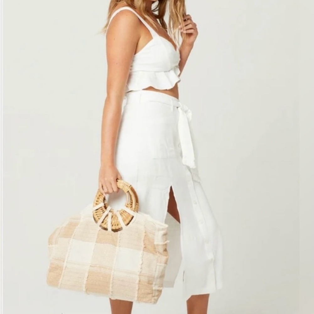 NEW w/TAGS L*Space Deep Seas Tan and White Beach Tote Bag with Bamboo Handle - Picture 4 of 9
